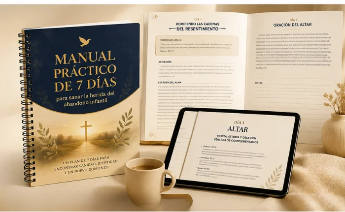 Manual práctico de 7 días para sanar heridas de abandono infantil mostrado en computadora, tablet y cuaderno impreso