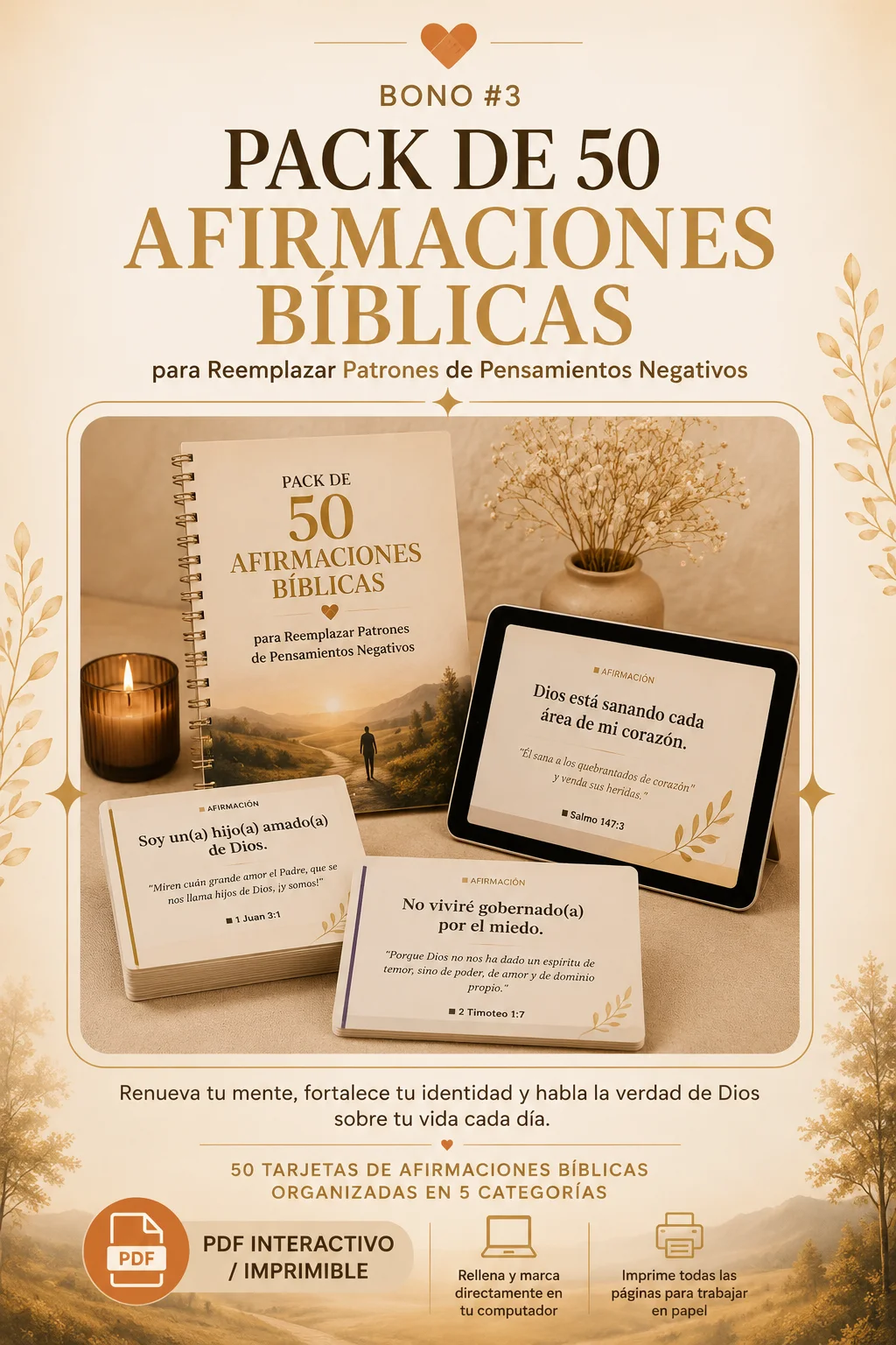 Pack de 50 Afirmaciones Bíblicas en tarjetas y tablet para reemplazar pensamientos negativos