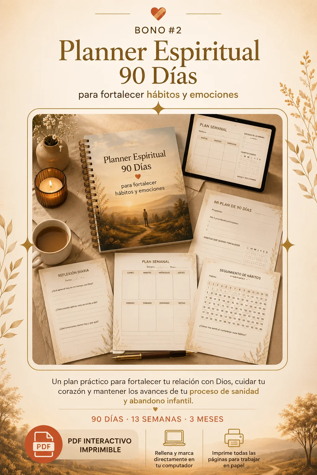 Planner Espiritual 90 Días mostrado en cuaderno, tablet y páginas de planificación semanal