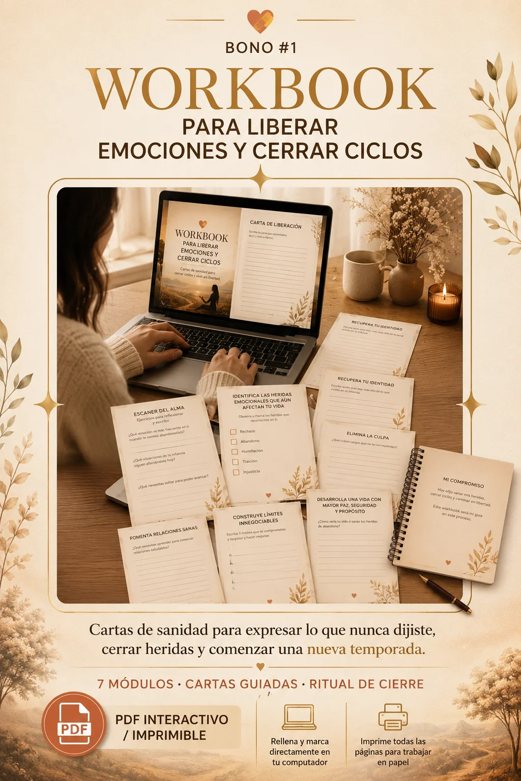 Workbook para Liberar Emociones y Cerrar Ciclos: cuaderno de ejercicios guiados mostrado en computadora, tablet y páginas impresas
